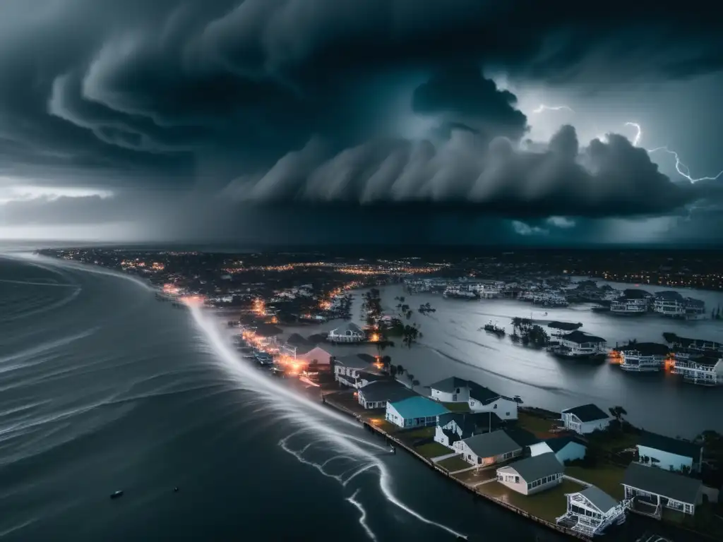 Dash: An aerial shot of a hurricane tearing through a coastal town, with rain pouring and violent winds whipping the landscape