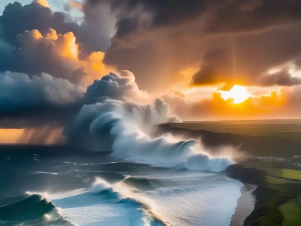 An aerial shot of a destructive hurricane, with the sun setting and cliffs framing the photo, casting dramatic shadows and eerie glow on the storm