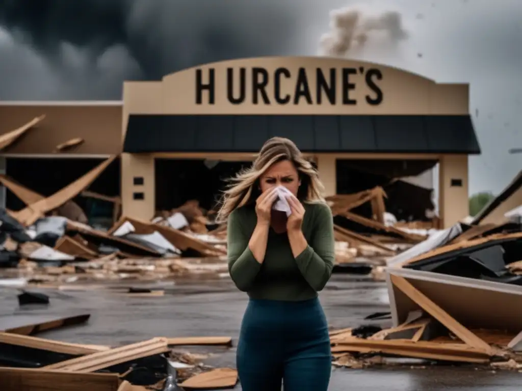 A woman stands in front of a destroyed store, her hands covering her mouth in shock and disbelief