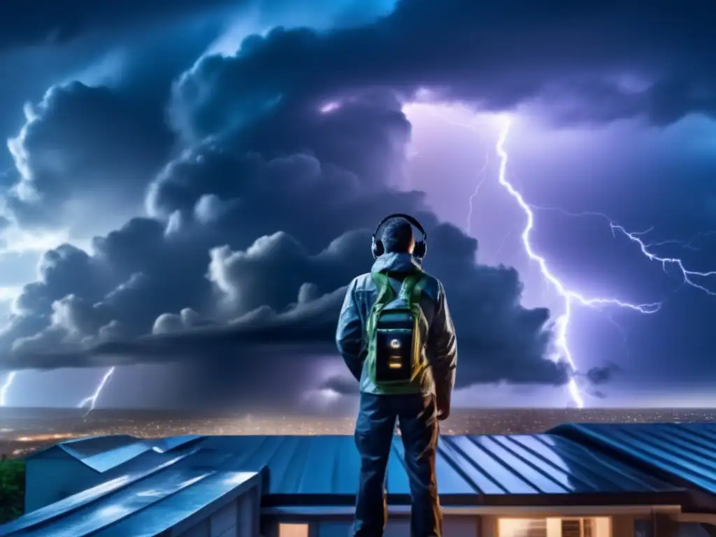 An intense image: a person standing tall on a rooftop amidst a hurricane