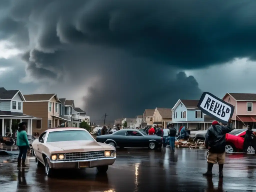 Devastating hurricane ravages town, leaving behind weak buildings and damaged cars on debris-strewn streets