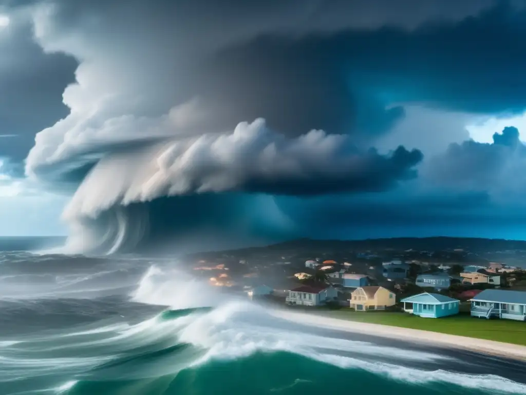 A powerful hurricane ravages a coastal town from above, showcasing the devastation caused by heavy rain and strong winds