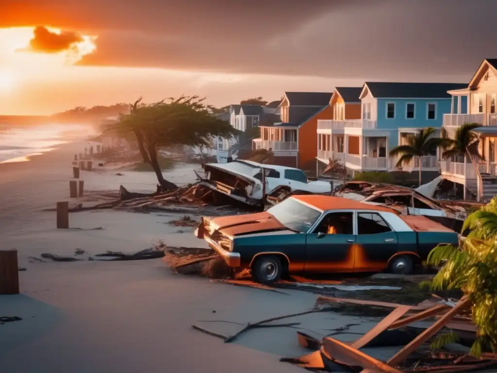 A devastating scene of a coastal town hit by a hurricane, with buildings crumbling, trees uprooted, and cars flipped over