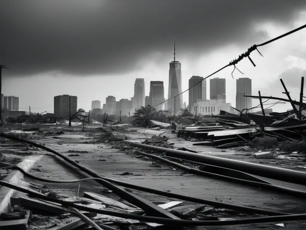 Hurricaneravaged city skyline with tall buildings in the background, toppled power lines, and debris on the streets