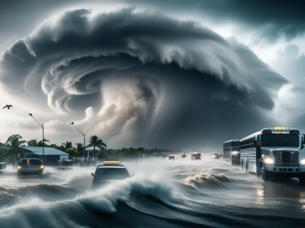 A cinematic styled image of a super hurricane, showcasing its destructive force and devastation, with multiple cyclones visible in the background