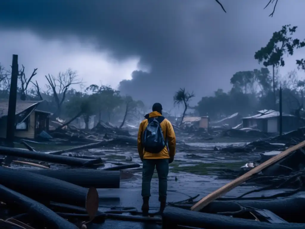 An 8k ultradetailed image of a person standing in the midst of a hurricane-ravaged neighborhood, surrounded by fallen trees, wrecked buildings, and debris strewn about