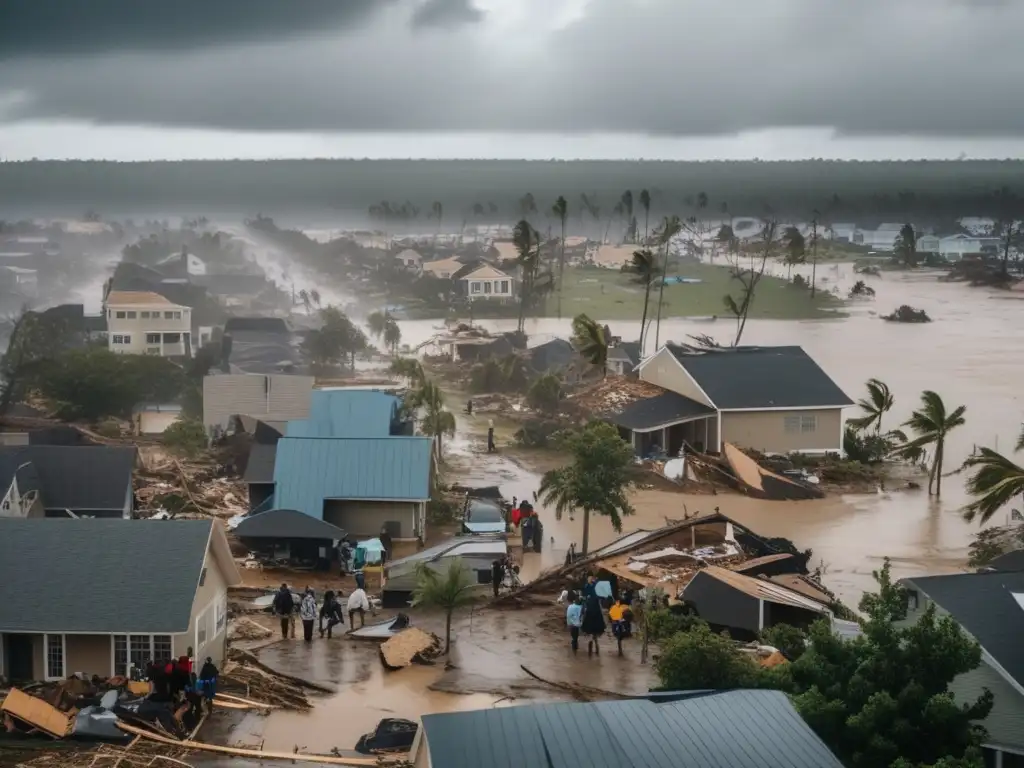 Devastation reigns as a hurricane ravages the city, toppling buildings, ripping off rooftops, and uprooting trees