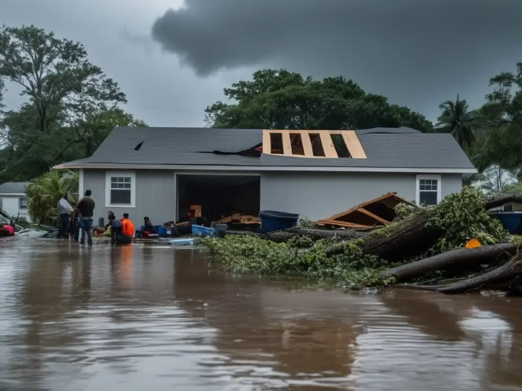 A haunting image of a flood-ravaged house after a hurricane, with volunteers gathering storm supplies in the foreground