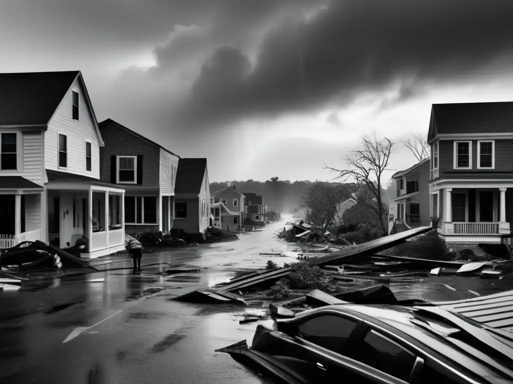 A poignant black-and-white photo depicts the heartbreaking aftermath of the 2012 New England Hurricane, with torrential rain and debris-strewn streets