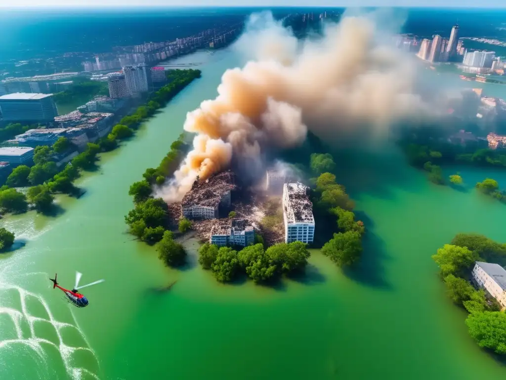 Devastated cityscape with vivid sky and water colors, tragic aerial view as buildings crumble and green trees sway in the background