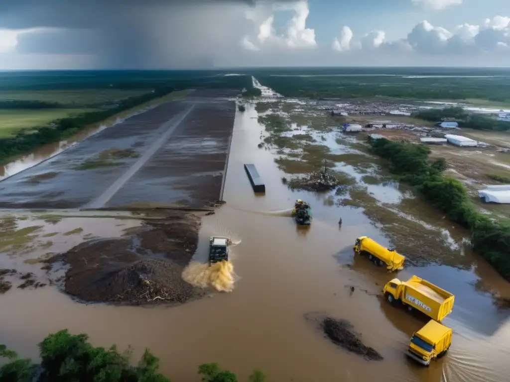 A dramatic aerial view captures post-hurricane devastation in a city