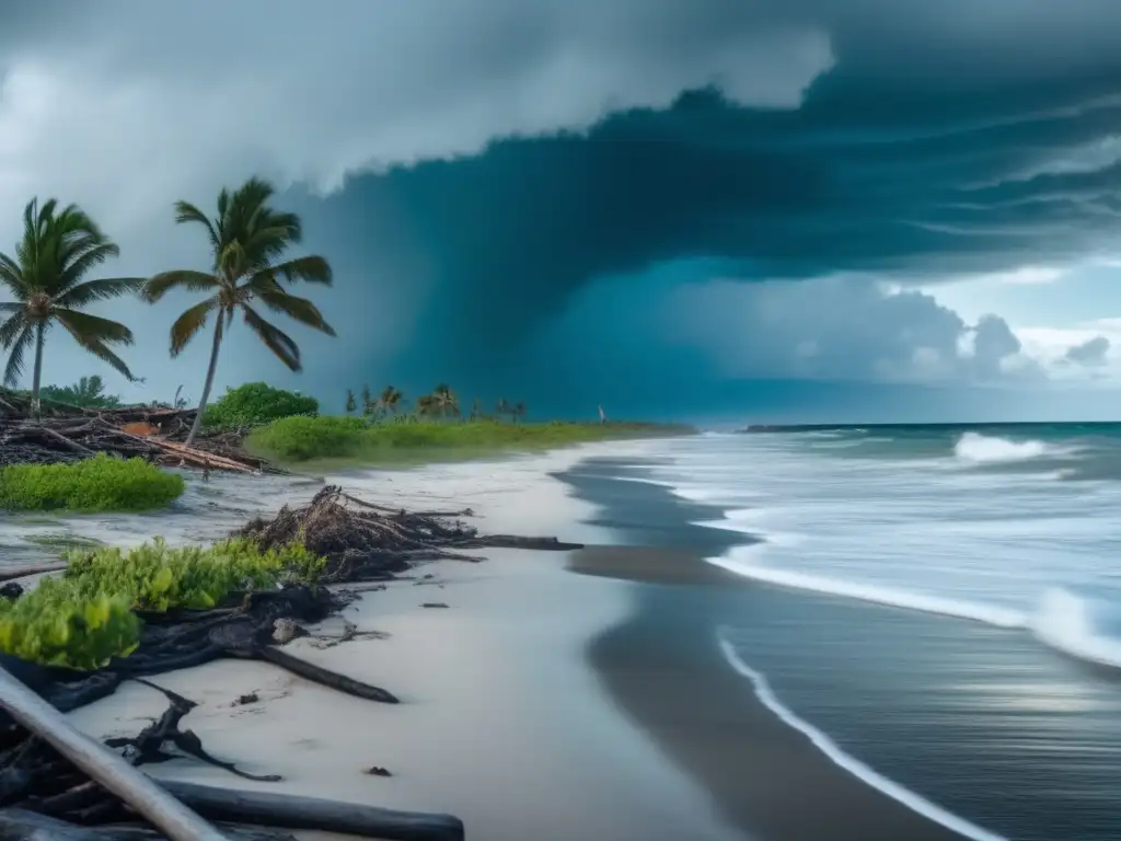 Hurricane devastates a once serene shoreline, leaving behind a barren wasteland of destroyed beach, turbid water, and debris scattered along the shore