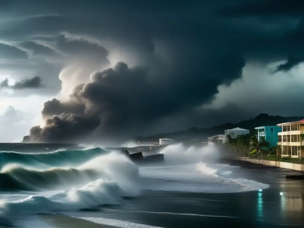 Hurricane wreaks havoc on Caribbean coastal town, destroying buildings, flooding streets, and leaving people in dire need of safety