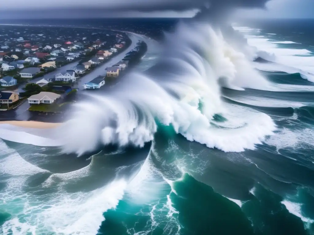 A hurricane ravages a coastal city in this high-resolution aerial shot, with winds and ocean waves causing chaos