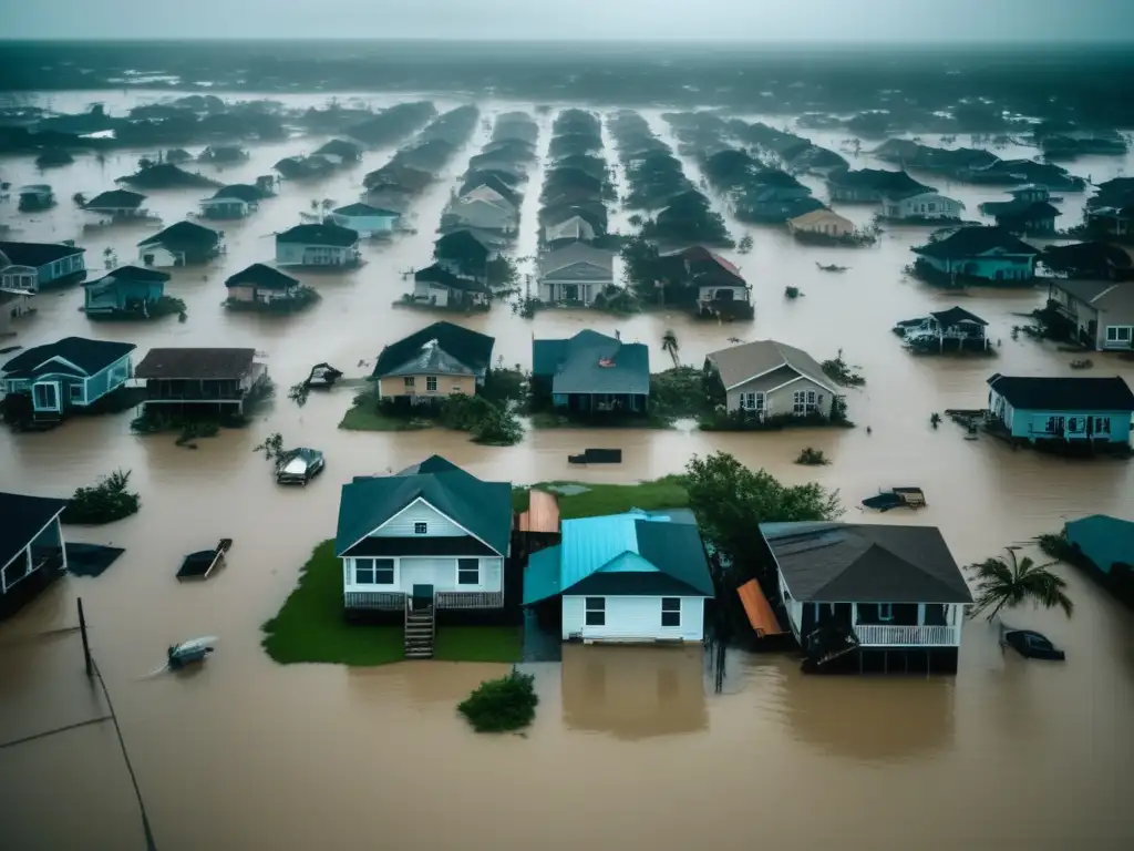 A haunting aerial view of a hurricane-ravaged town, with flooded homes and streets, and a group of people scurrying to safety