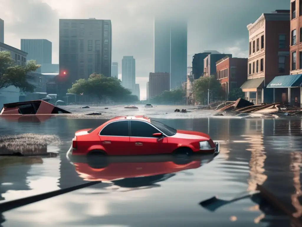 A devastated cityscape, post-hurricane, with submerged car, flooded streets, a desolate atmosphere reflected in water