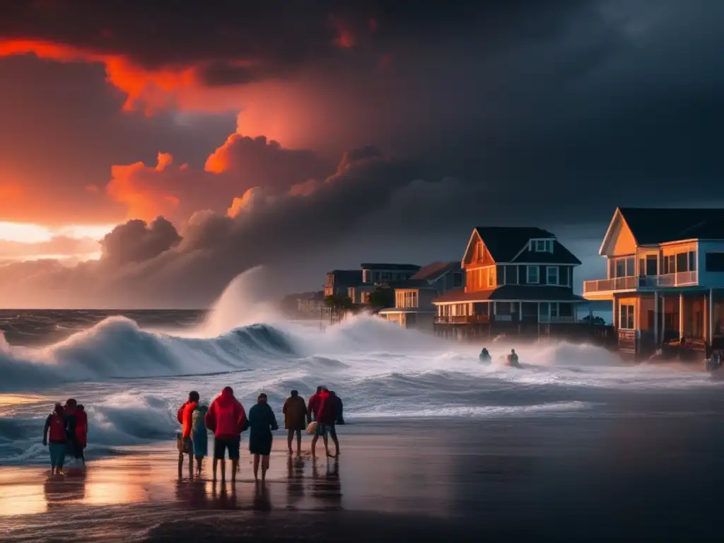 A heart-wrenching image of a coastal town ravaged by a hurricane's fury, with water flooding the streets and buildings crumbling