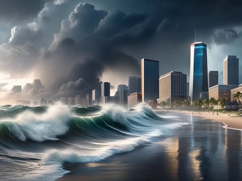 Hurricane ravages coastal city, toppling skyscrapers, shattering windows, and pounding waves against shore