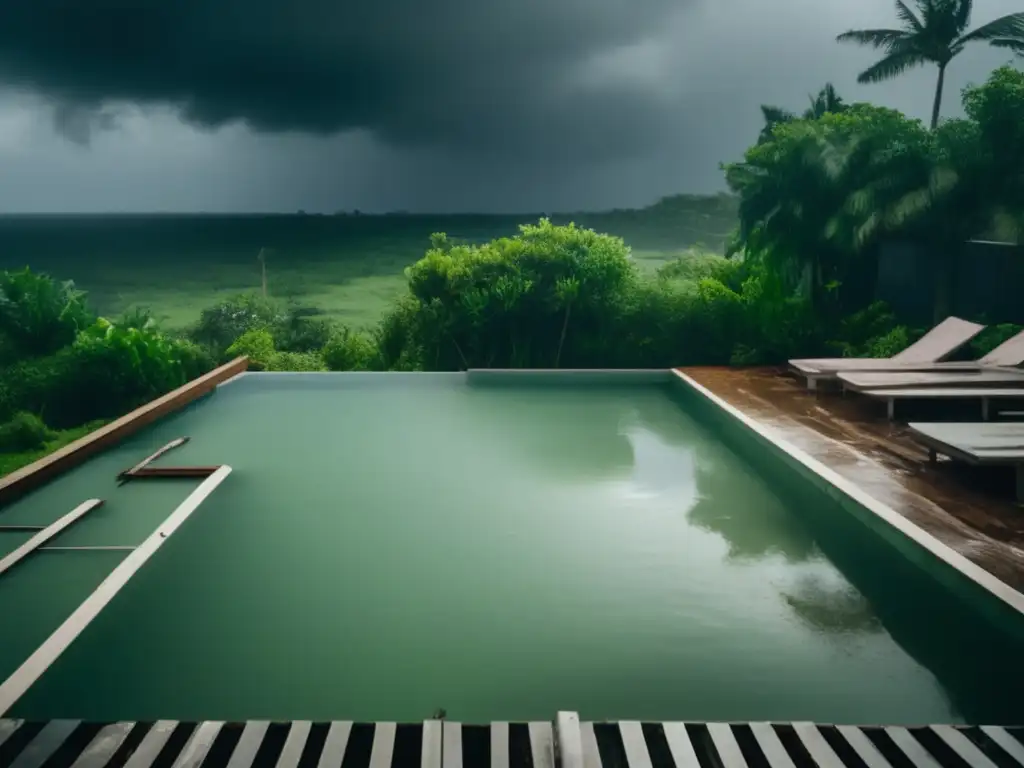 A devastating Hurricane leaves no trace of the once-pristine swimming pool