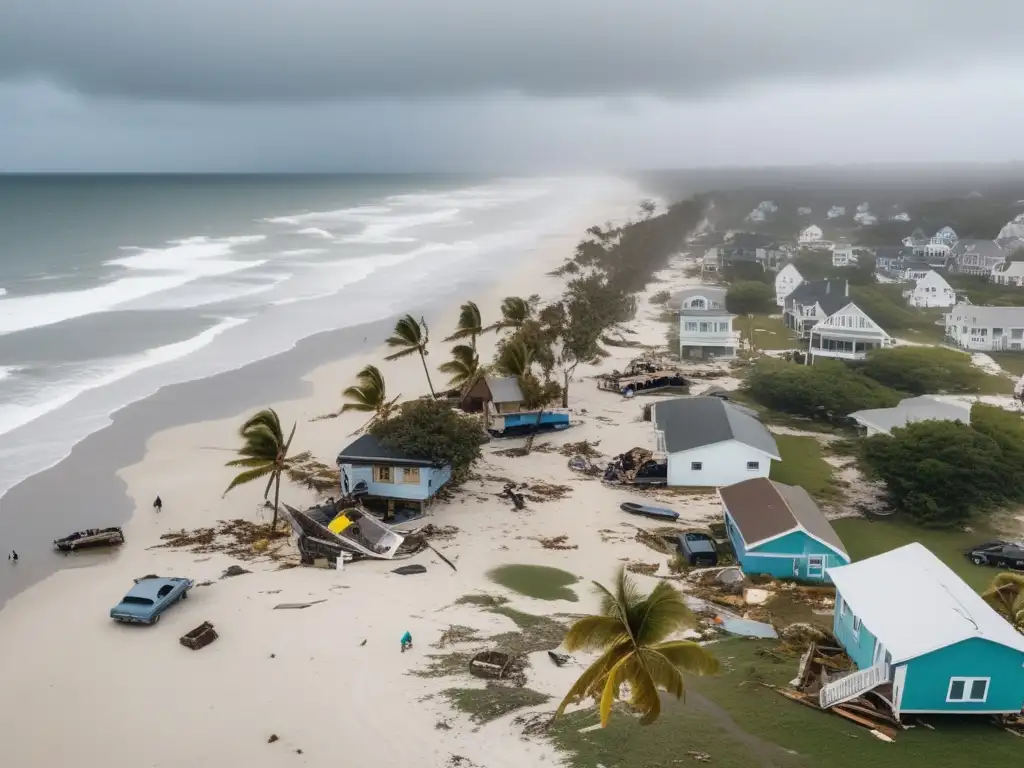 Devastated coastal town after a hurricane ravages its buildings and trees, leaving abandoned cars and boats on the beach