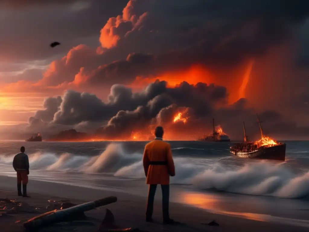 The shoreline is devastated, ships float away amidst a fiery orange sunset, while grey clouds loom ominously