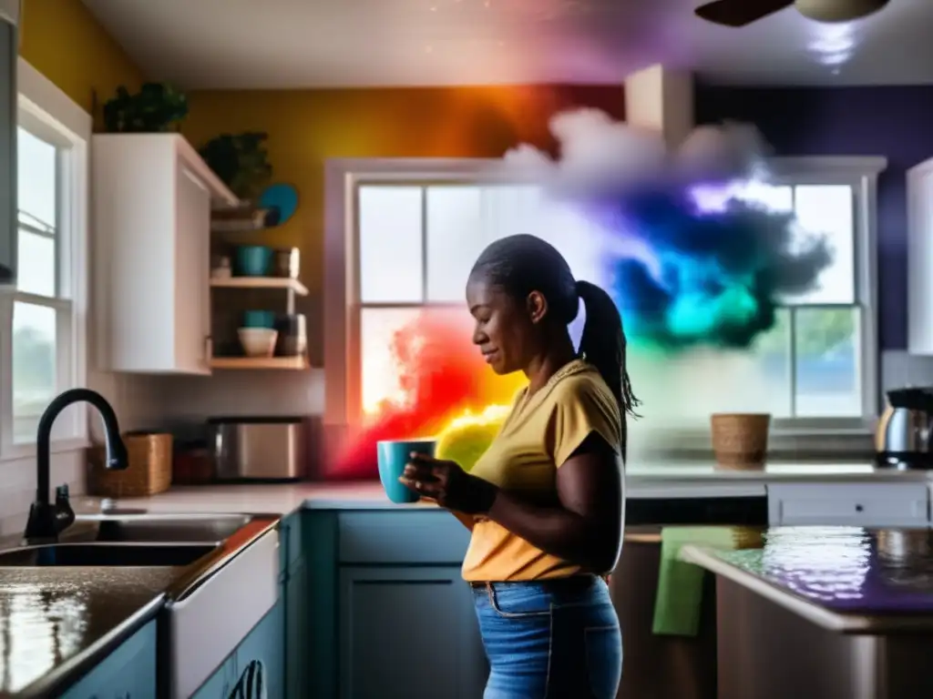 A woman stands in her flooded kitchen, sunlight streaming through a window and casting rainbow-colored water on the floor