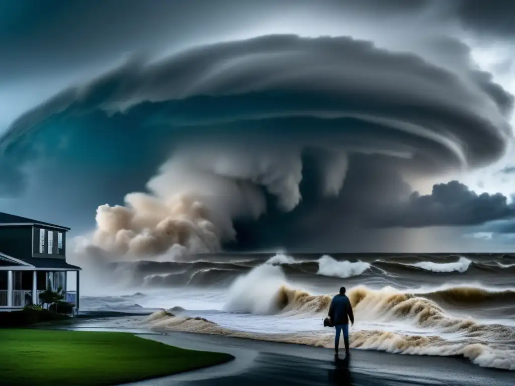 A gripping image of a town ravaged by a hurricane, with flooded homes, businesses, and high waves engulfing the shoreline