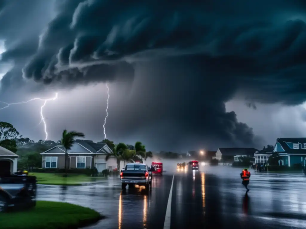 A jaw-dropping image captures the chaos of a hurricane as it approaches a coastal city, with rain pelting down, buildings tilting, and trees uprooted