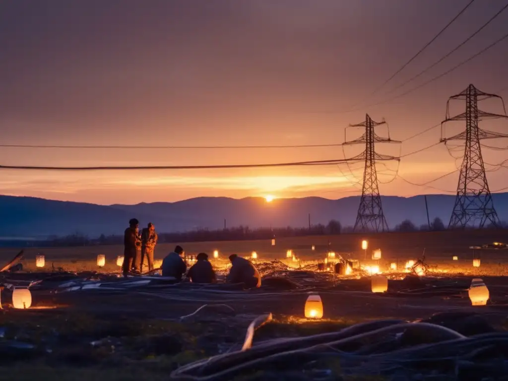 Amidst the tranquility of the landscape, a destroyed power grid stands tall