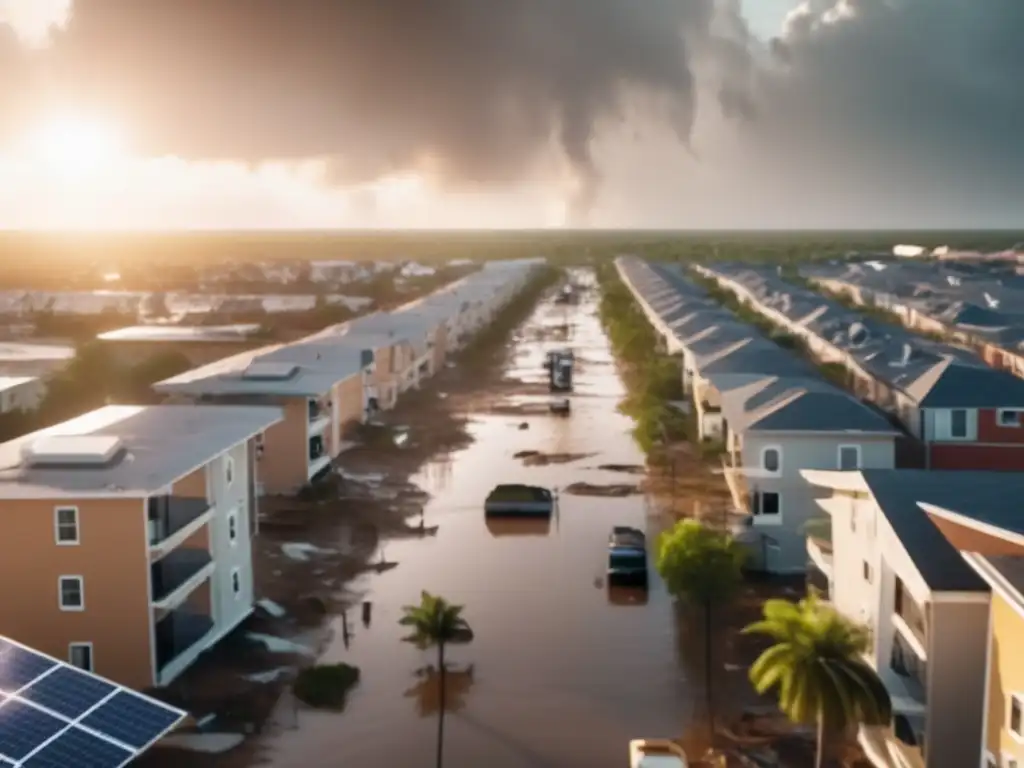 A devastating sight of a city hit by a hurricane, with flooded streets and destroyed buildings in the background