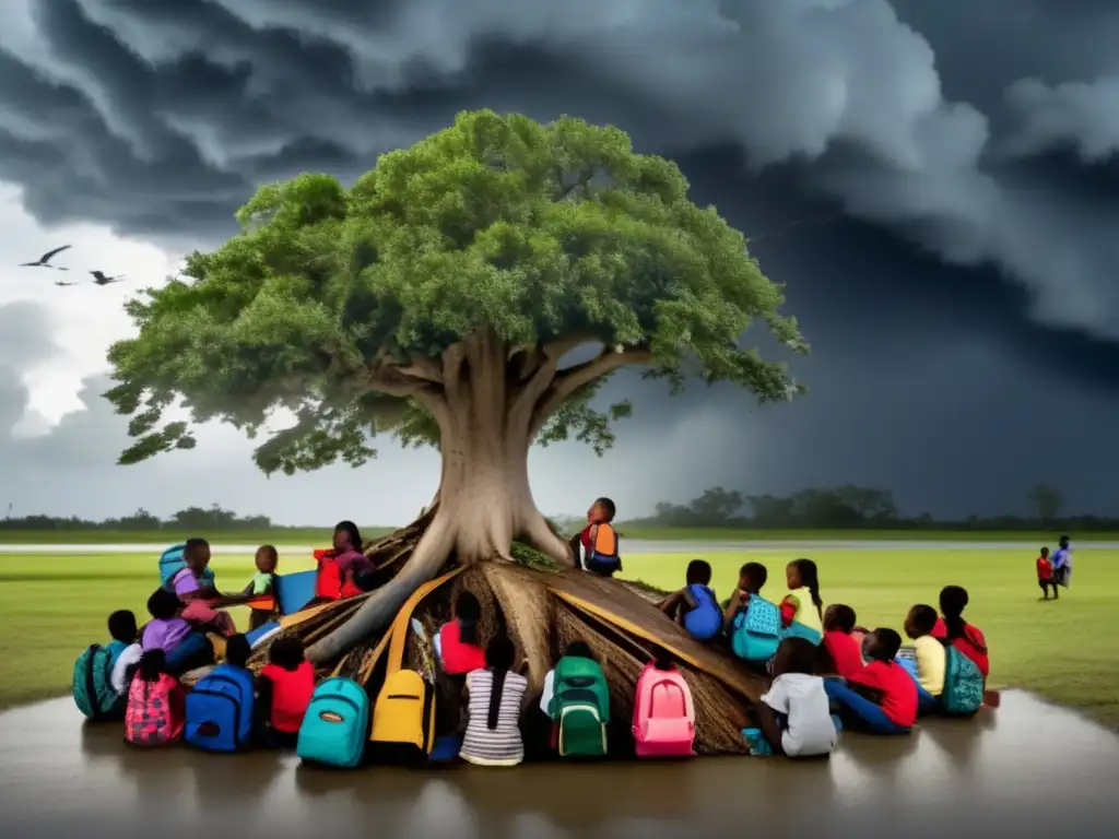 Amidst a hurricane's fury, children huddle together under an uprooted tree, clutching schoolbooks and backpacks