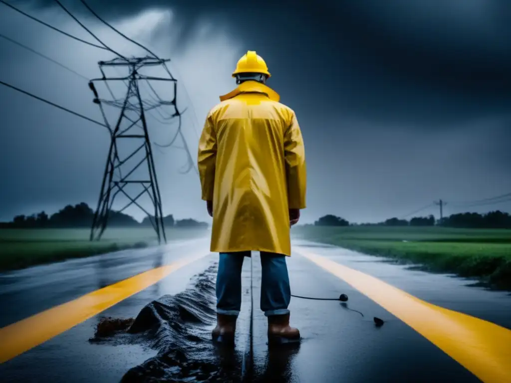 A dramatic image of a person standing near a twisted and distorted downed power line in the midst of a hurricane, amidst rain and debris