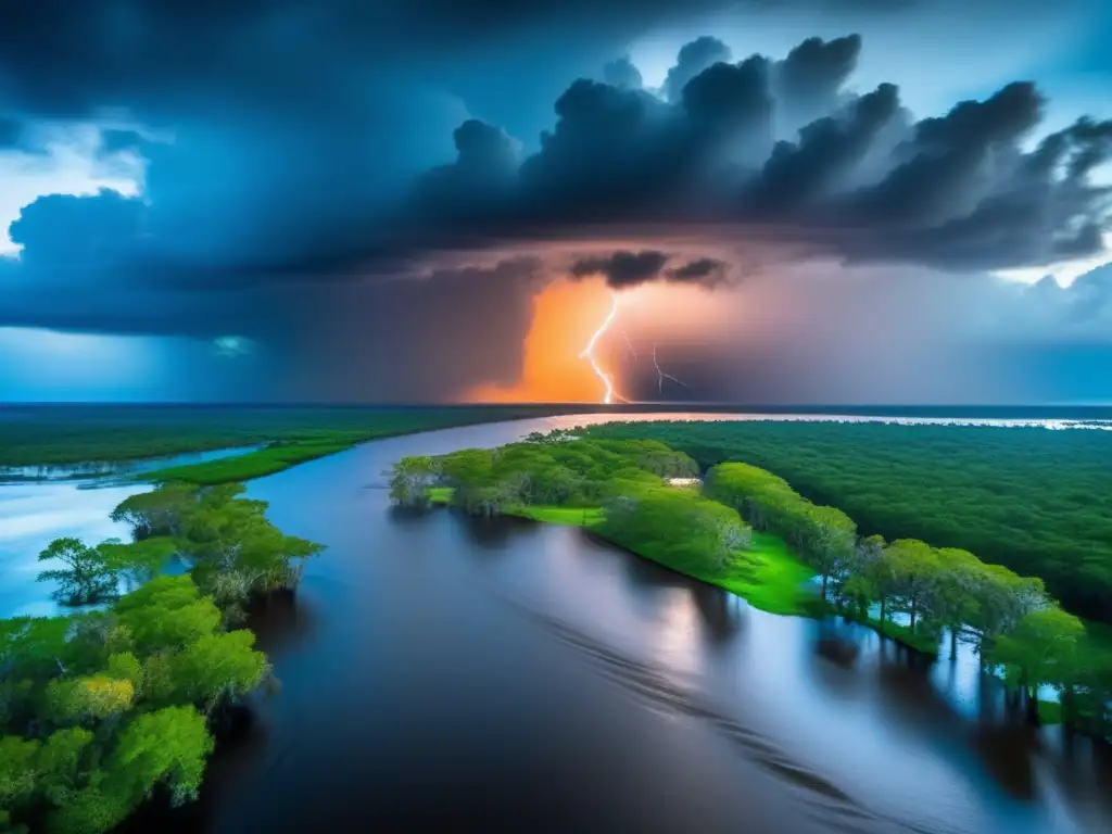 A dramatic aerial view of the bayou, with a lone hurricane casting immense destruction on the landscape below