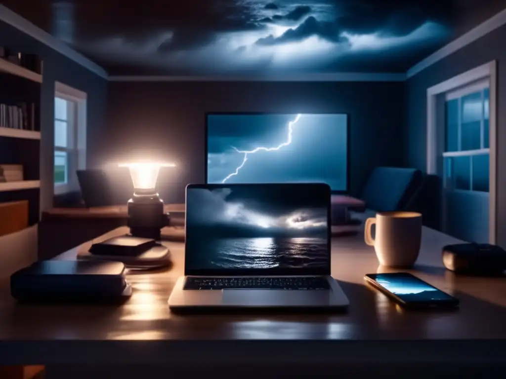 ALT- Amidst the stormy chaos, a hand fiercely clings to a flashlight, casting a beam of light through the dark room filled with vital electronic devices