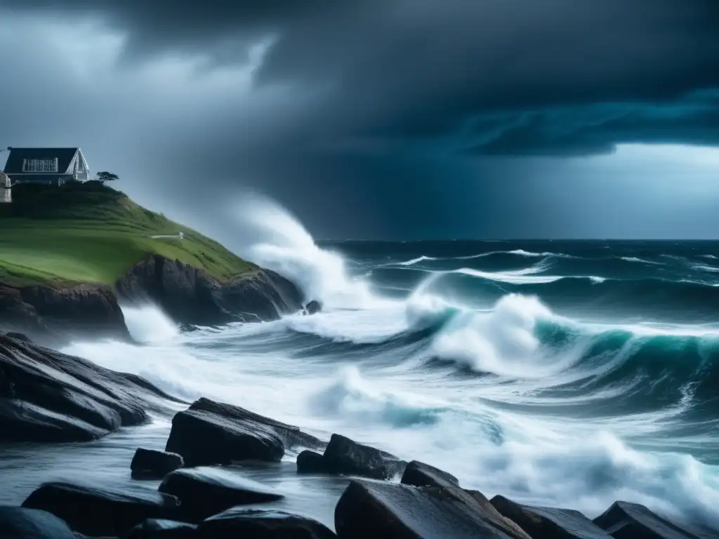 A vast, stormy ocean stretches out, with tall waves crashing against the rocky shore