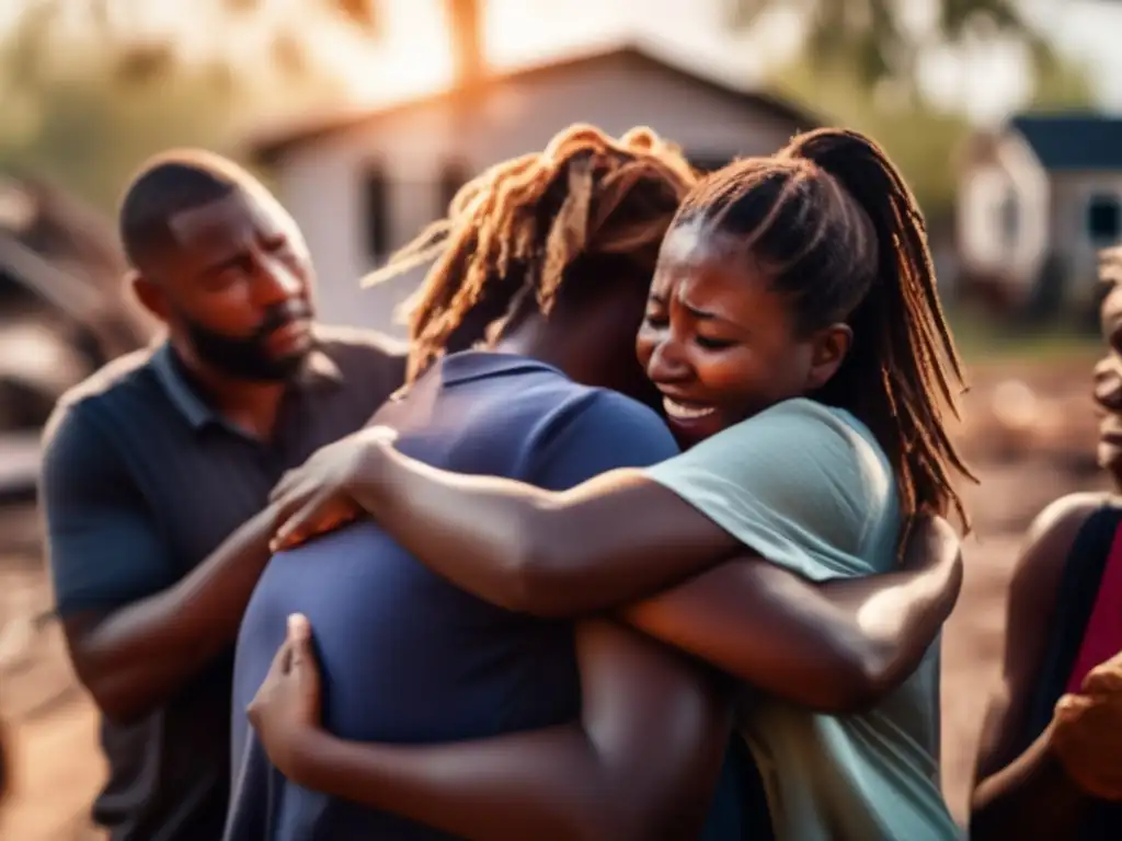 Amidst the devastation of a hurricane, a group of friends console each other in a powerful embrace, their faces etched with sadness and comfort