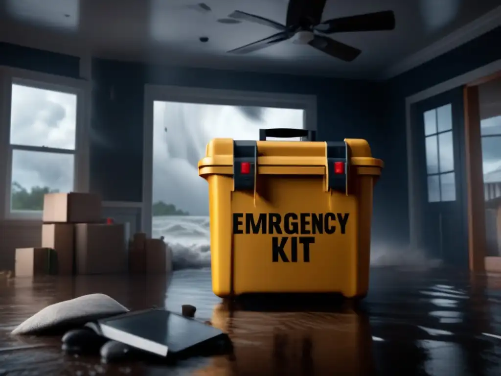 Amidst raging winds and tumultuous rain, this cinematic-style image showcases an indoor emergency kit under attack from a violent hurricane