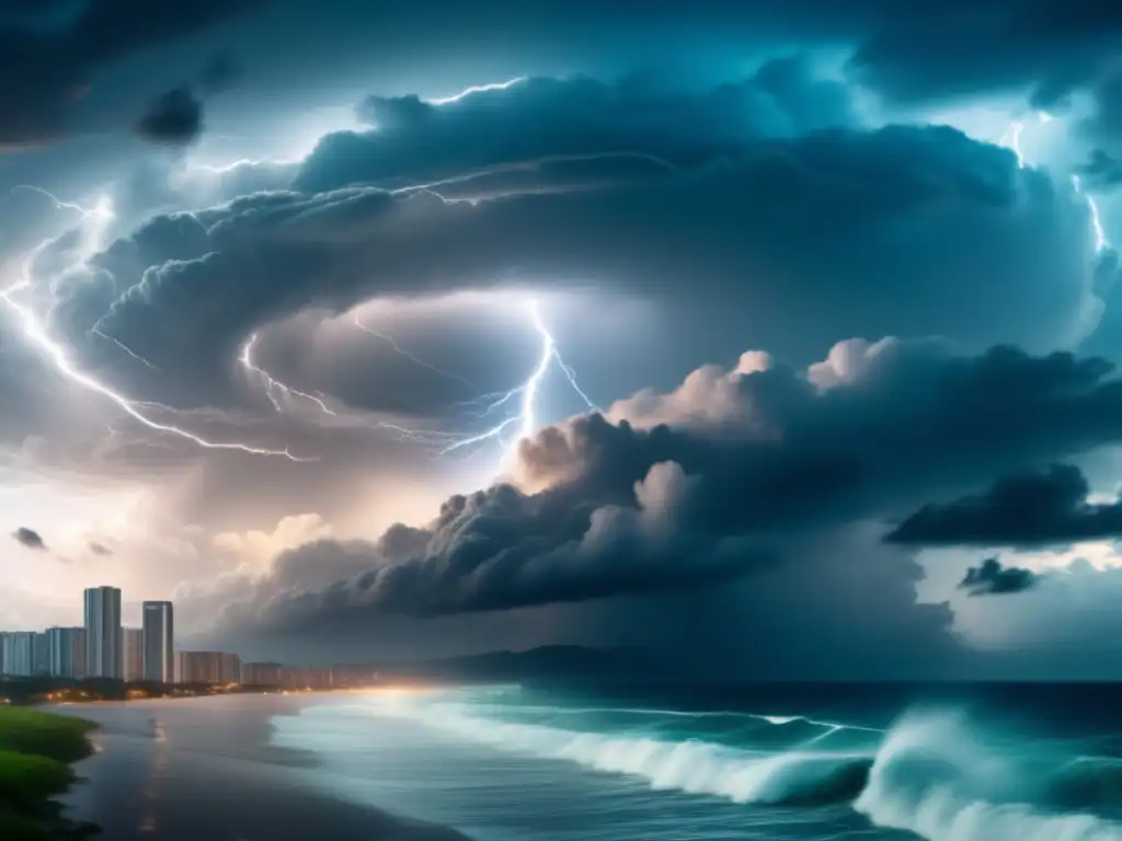 In this cinematic shot, a powerful hurricane emerges from the ocean, casting its shadow on the distant buildings and landfolds of a nearby town