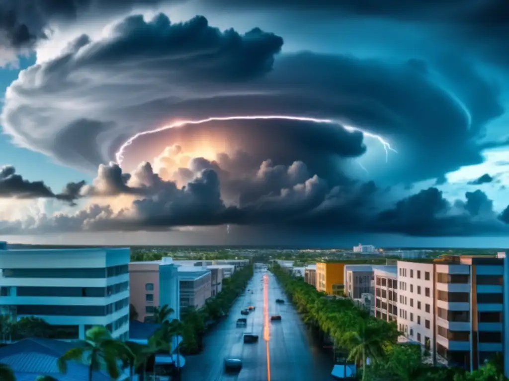 A cinematic view of destruction: A hurricane tears through a city, lifting buildings into the air while cast shadows loom in the distance