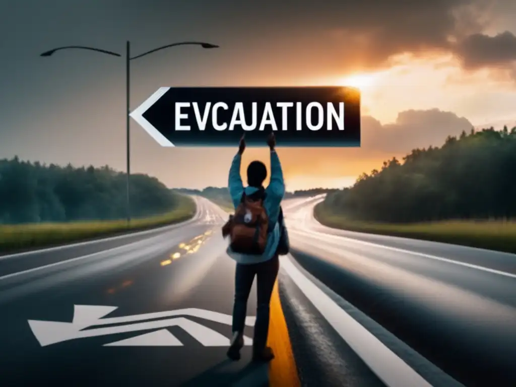 An atmospheric image captures a person standing on a busy highway during a hurricane, holding a sign pointing to an evacuation route