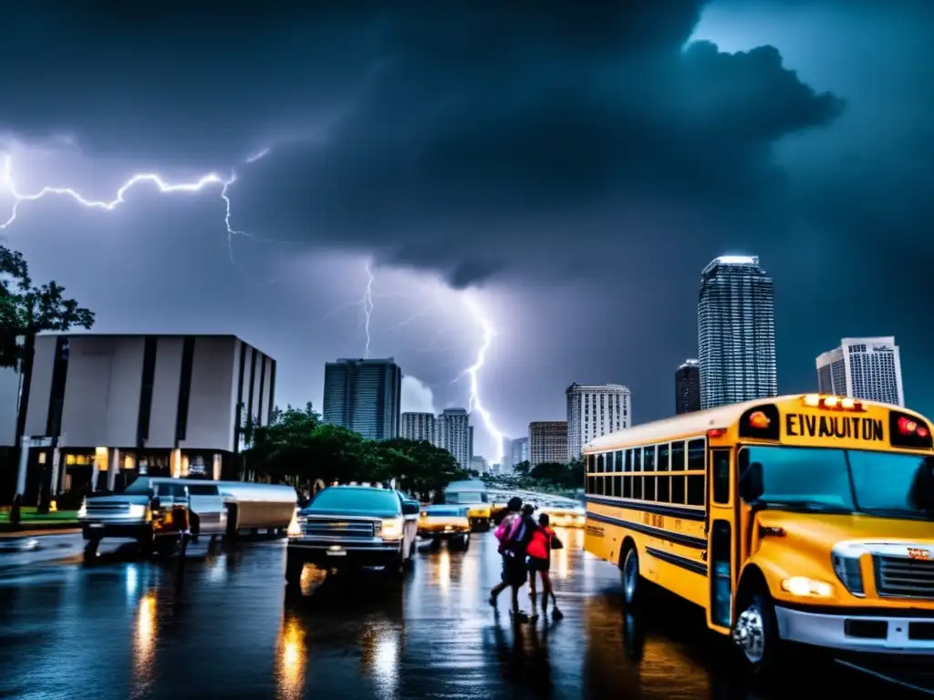 A powerful and dramatic image of a city being evacuated due to a hurricane