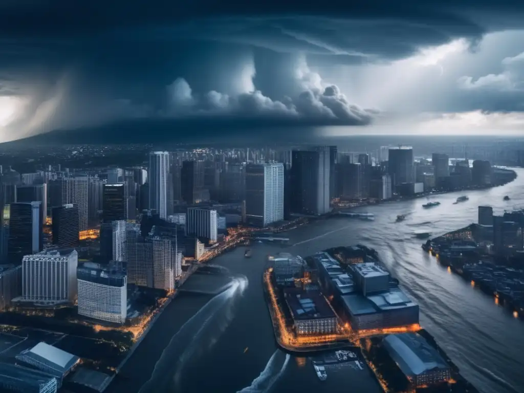 A dramatic image of a megacity on high alert as a looming hurricane threatens to engulf the city