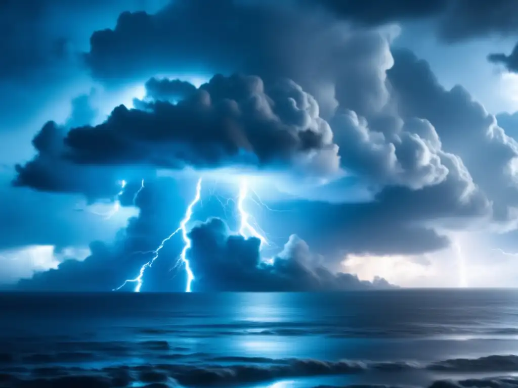 Hurricane's eye captured in stunning detail, rain swirling and lightning illuminating the sky, creating a dramatic and cinematic effect