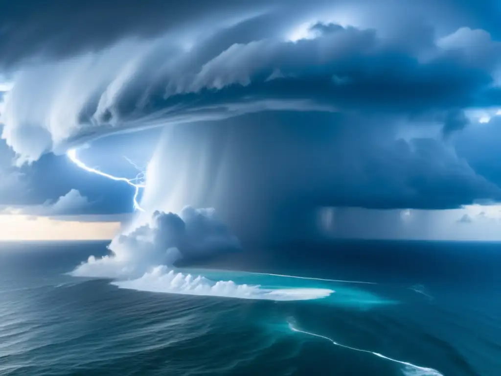 The eye of the hurricane, a swirling vortex of destruction, surrounded by the calm blue waters of the ocean