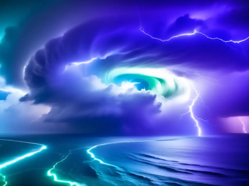 In the eye of the hurricane, lightning streaks through the swirling clouds, casting a vivid glow on the calm sea below, showcasing the immense strength and power of this natural disaster