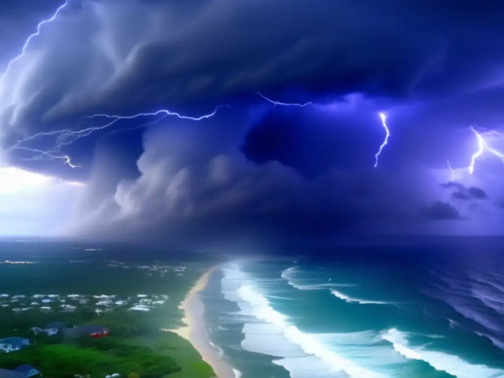 An aerial shot of a hurricane terrorizing the ocean, with winds and waves soaring high, and buildings and trees crumbling in the foreground