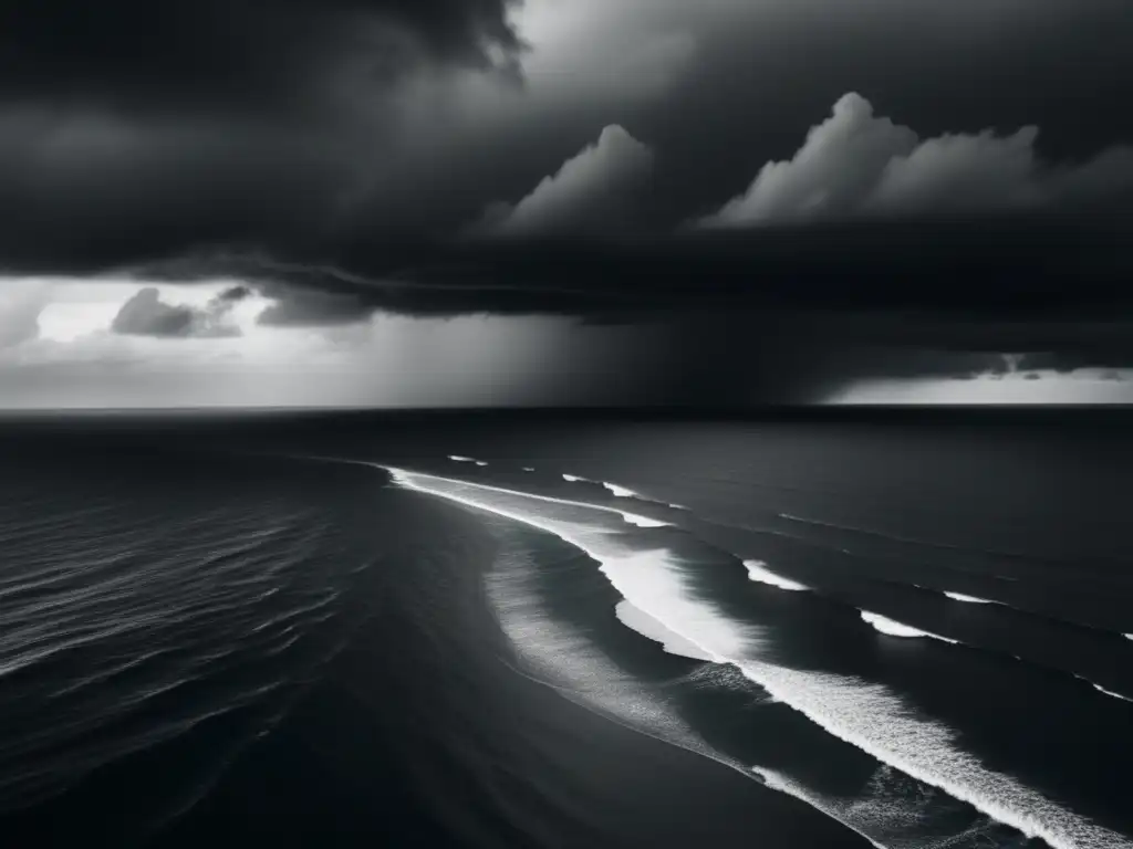 A stormy aerial of the ocean, with a single white dot representing a hurricane's eye