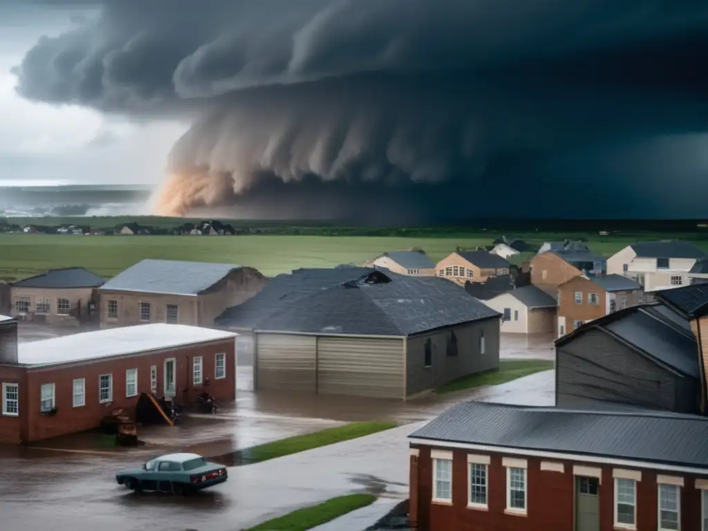 A tempestuous scene of a hurricane's eye, with whipping winds and torrential rain surrounding a small town, visible from the damage in the background