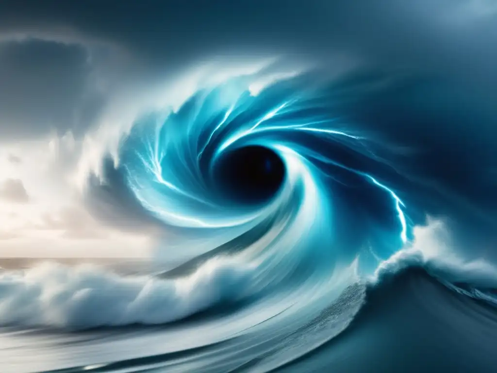 A captivating image of a hurricane's eye, brimming with swirling blue waves and intense winds