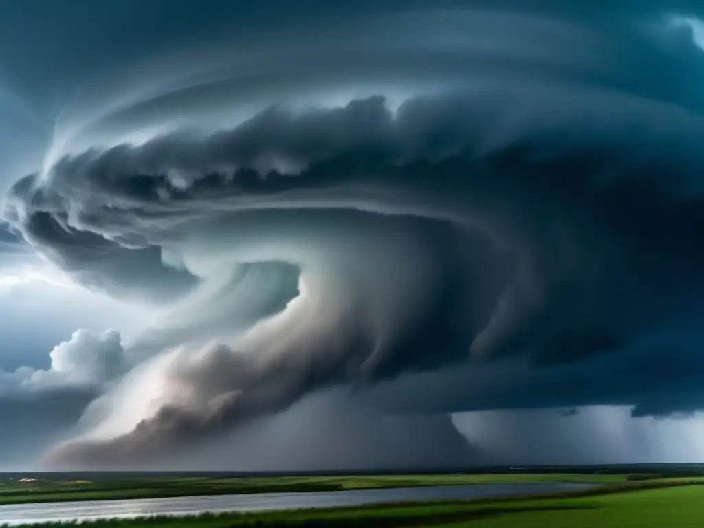 A captivating hurricane photograph showcases its full force, with swirling bands of dark clouds and torrential rain pouring down from the sky